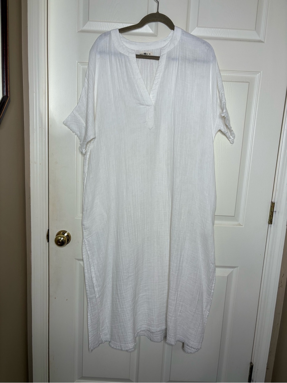 NATURAL LIFE White Gauze V-Neck Midi Tunic Beach Cover up 100% Cotton